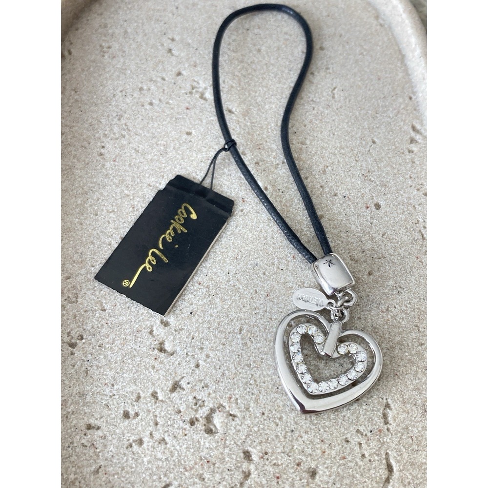 Cookie Lee Heart Rhinestone Pendant Purse Charm‎ Black Cord Silver Tone NEW